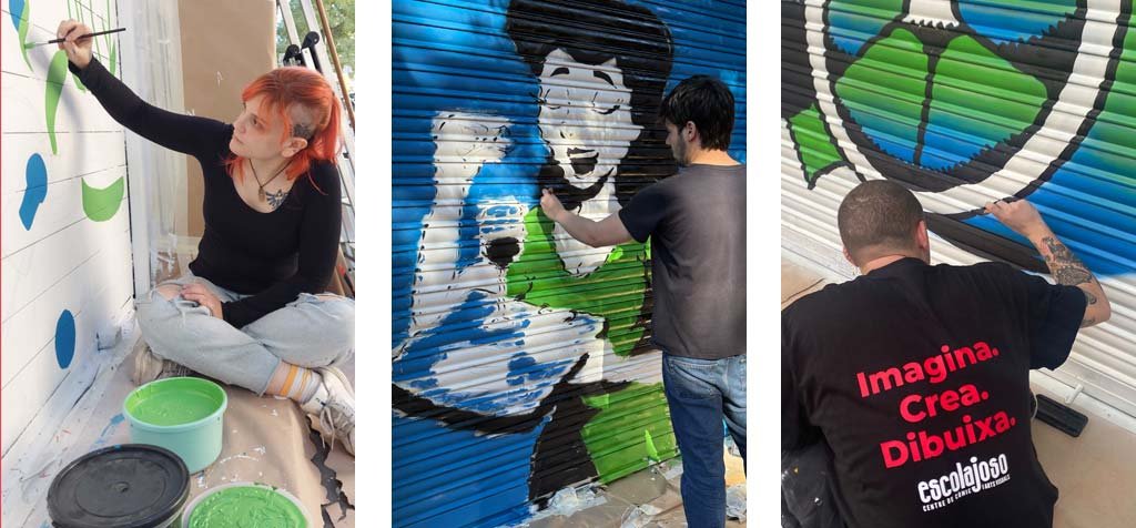 ¡Ponemos color al Eix Comercial! Alumnos y alumnas de la Joso ponen guapos los comercios del carrer de Sants.